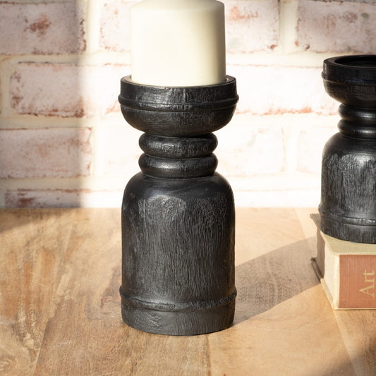 Black Wood Candle Holder 8"