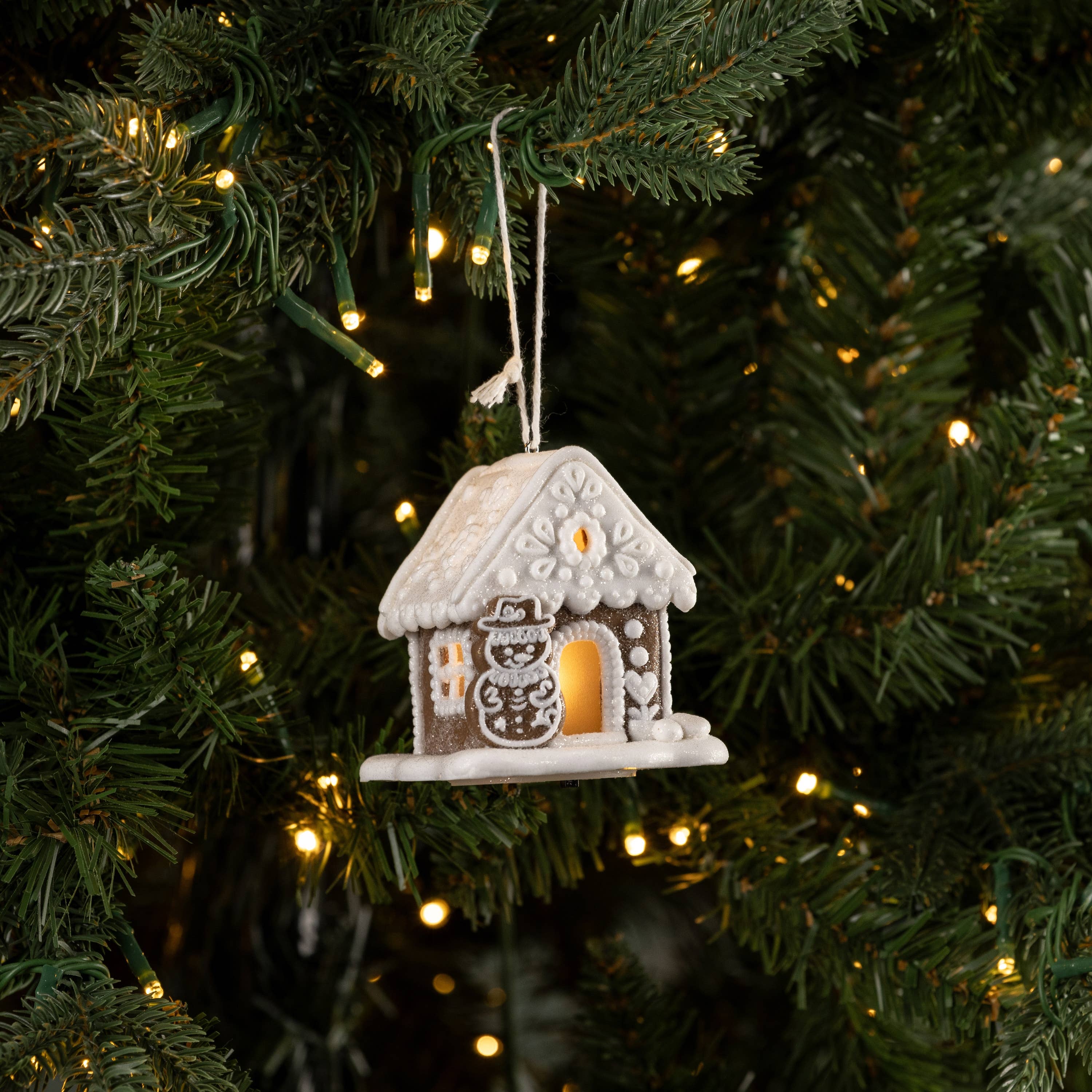 LIGHT UP GINGERBREAD HOUSE ORNAMAENT W/ SNOWMAN