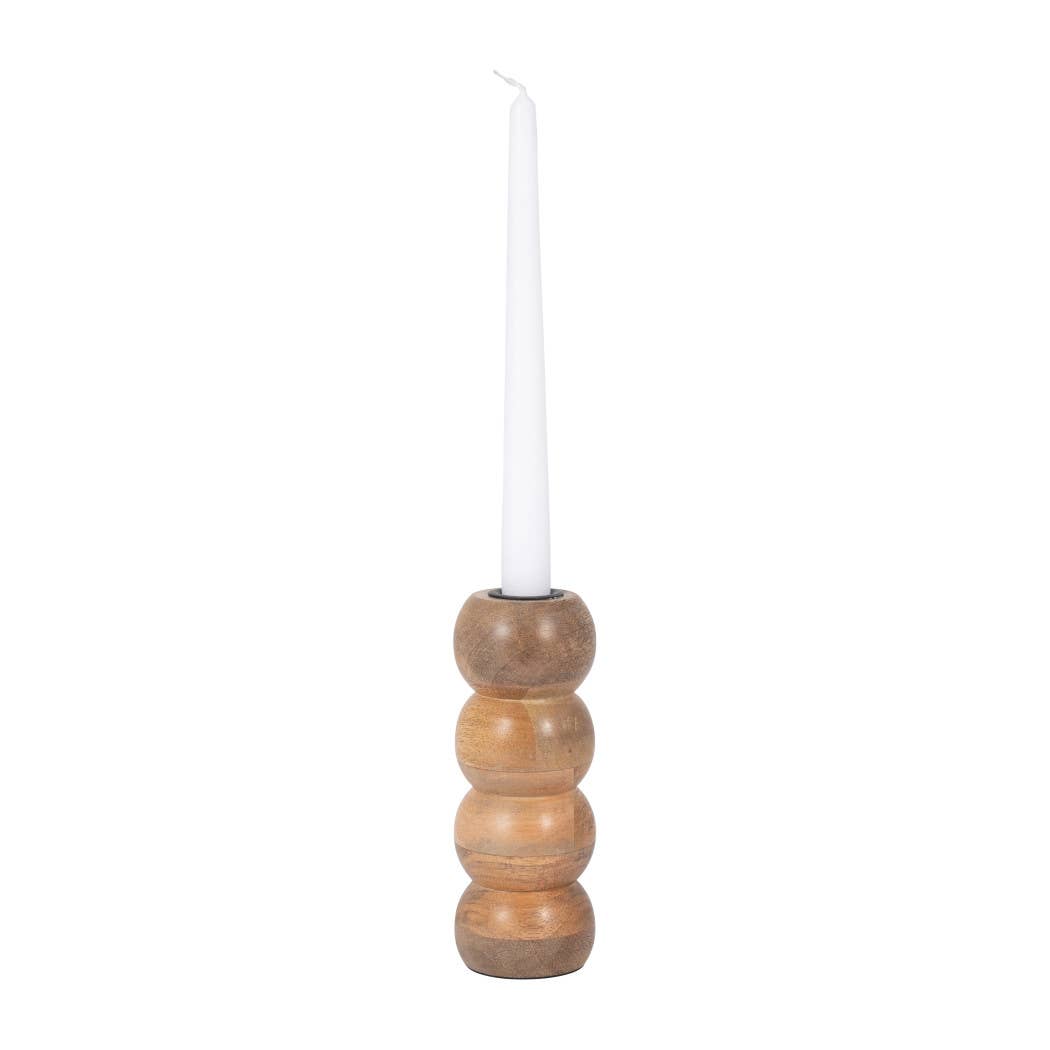 Wood Round Stacked Ribbed Candle Holder - Brown, 7 in.