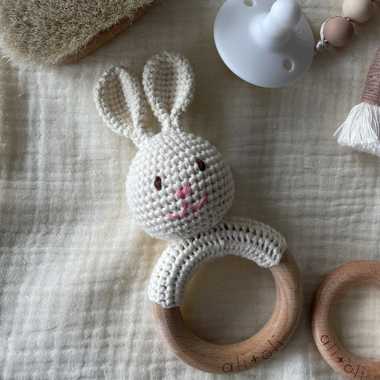 Baby Teething Toy Rattle Wood Ring Crochet (Bunny)