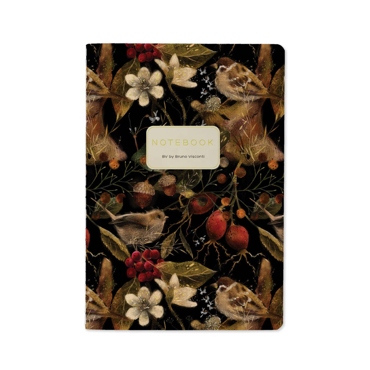 Notebook with nature-themed design featuring animals and plants on a black background