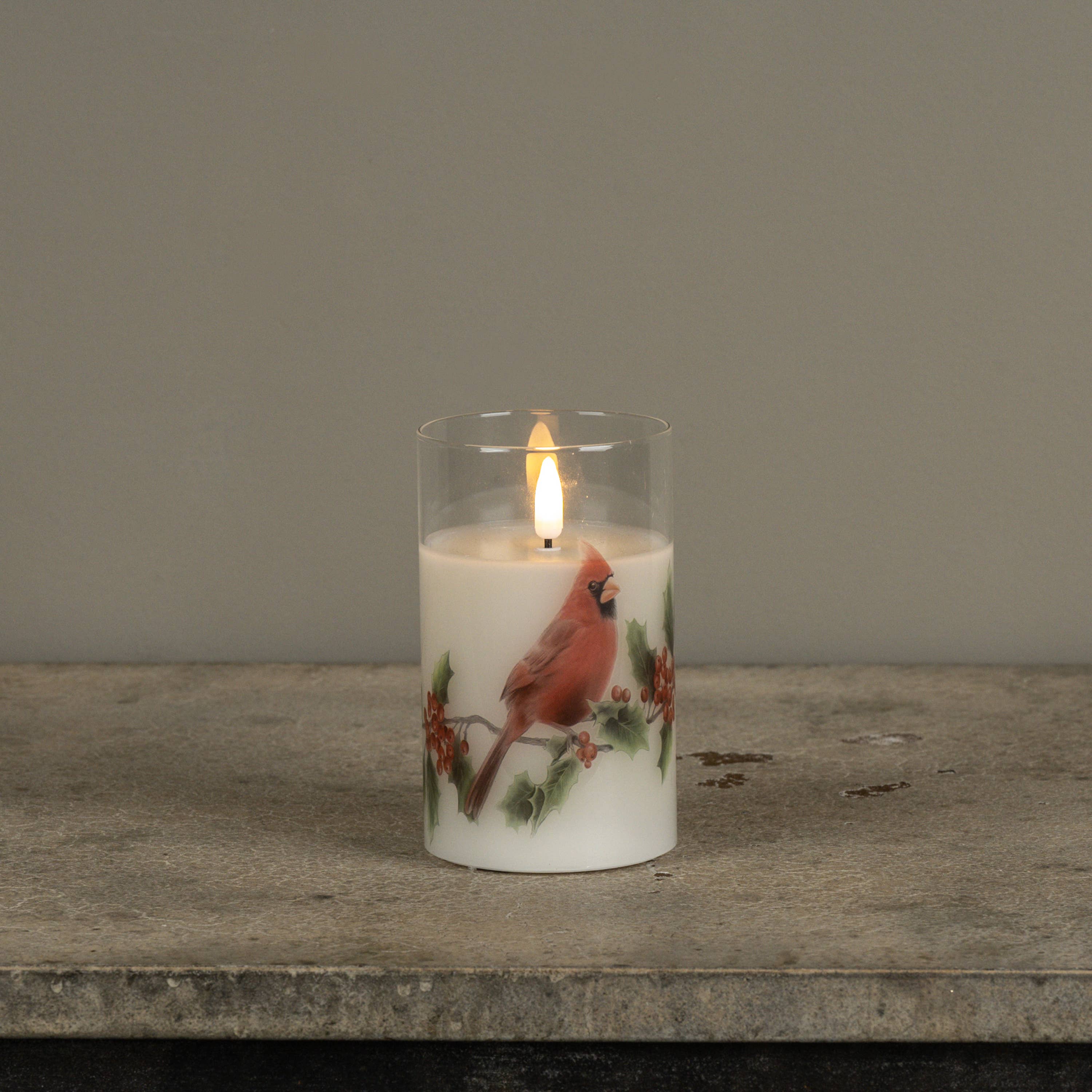 5" CARDINAL 3D FLAME GLASS CANDLE