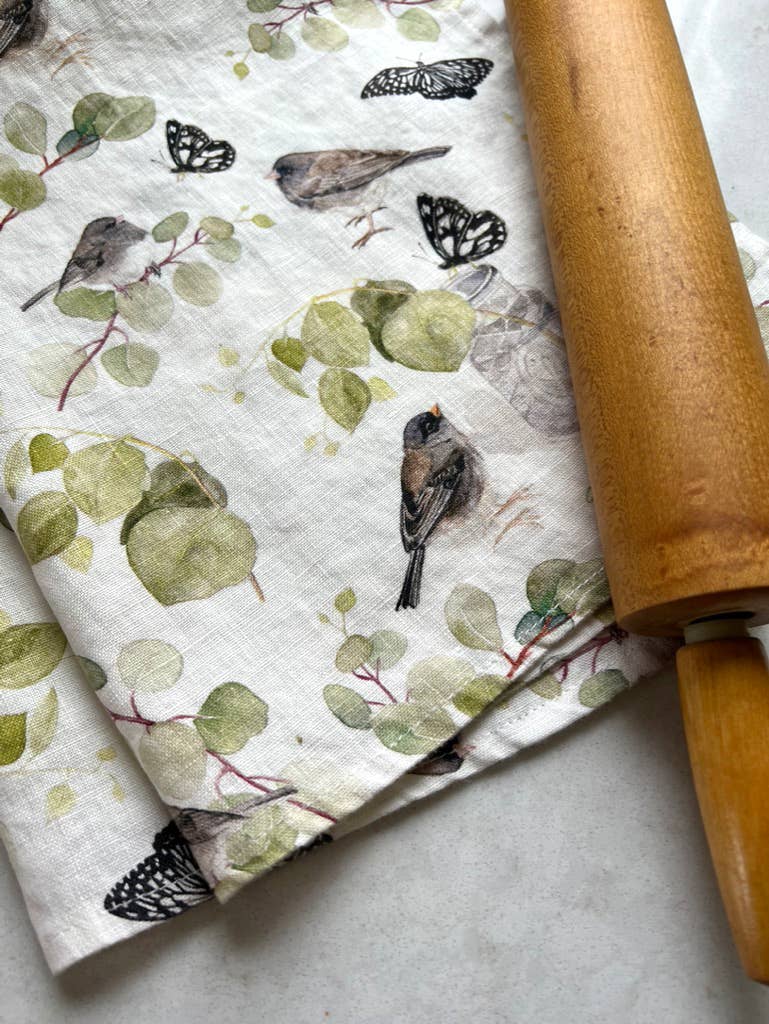 Dark Eyed Juncos & Black Butterflies - Linen Tea Towel