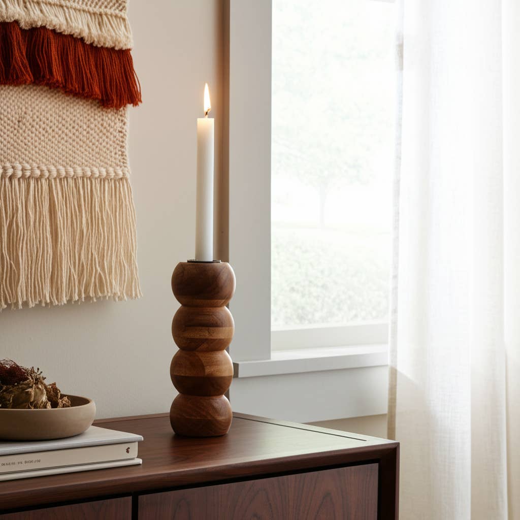 Wood Round Stacked Ribbed Candle Holder - Brown, 7 in.