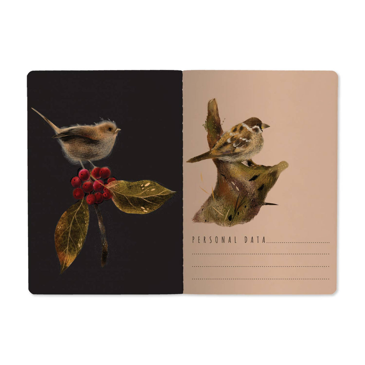 Notebook with two different designs on black and beige pages featuring birds and foliage.