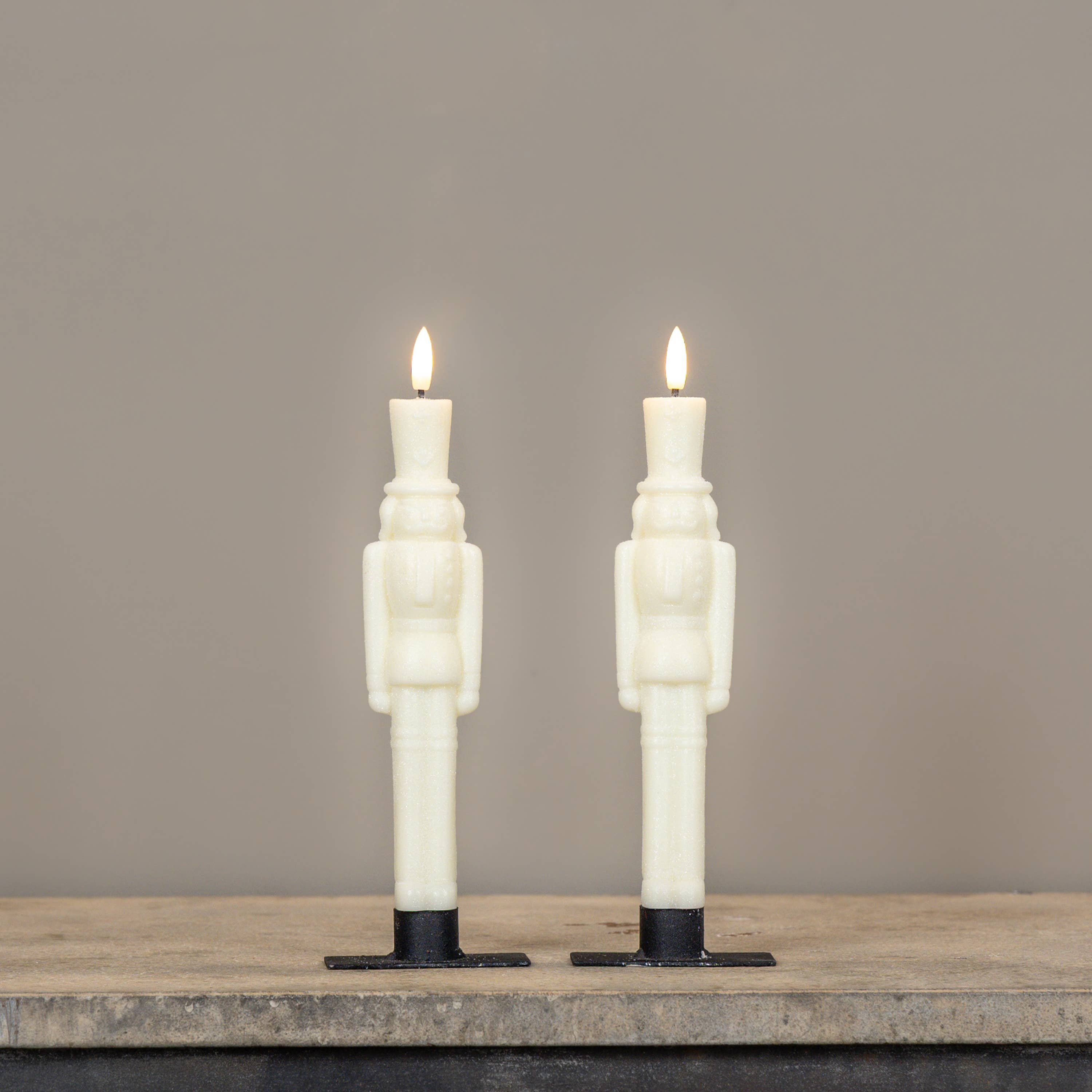 SET/2, 9.75" 3D FLAME CREAM SHIMMER NUTCRACKER TAPER CANDLES