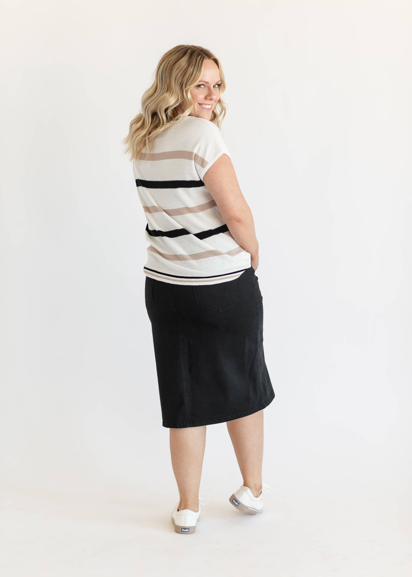 Remi Jet Black Denim Midi Skirt