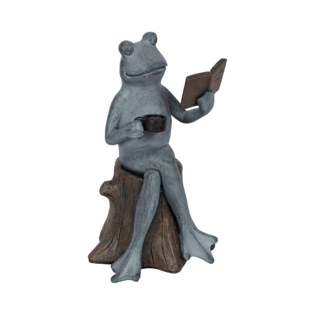 Figurine - Green Resin Frog with Book and Coffee, 13 in.