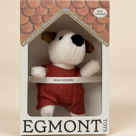 Plush toy dog in a packaging box with 'Egmont' branding on a beige background
