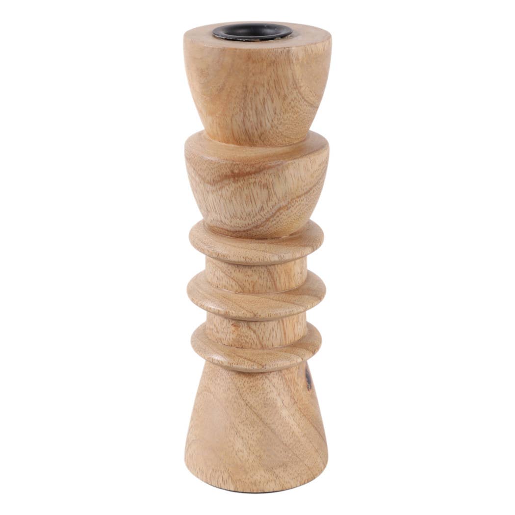 Taper Holder - Tan Wood/Metal Modern Totem Carved, 8 in.