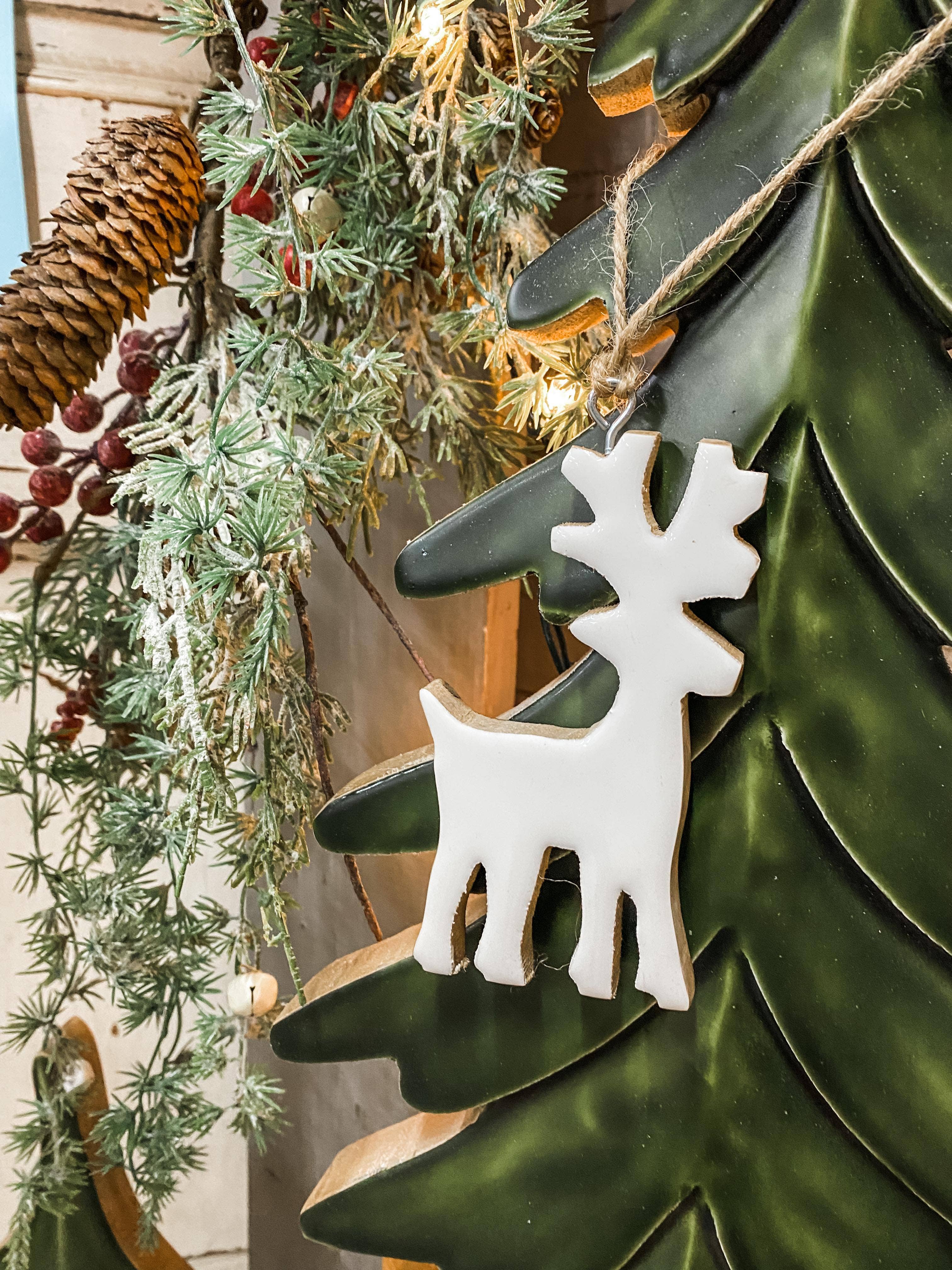 Wooden Hanging Reindeer w/ White Enamel 2.25x3.25in