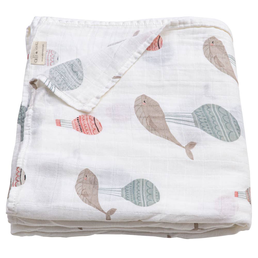 Bamboo Muslin Swaddle Blanket (Whale)