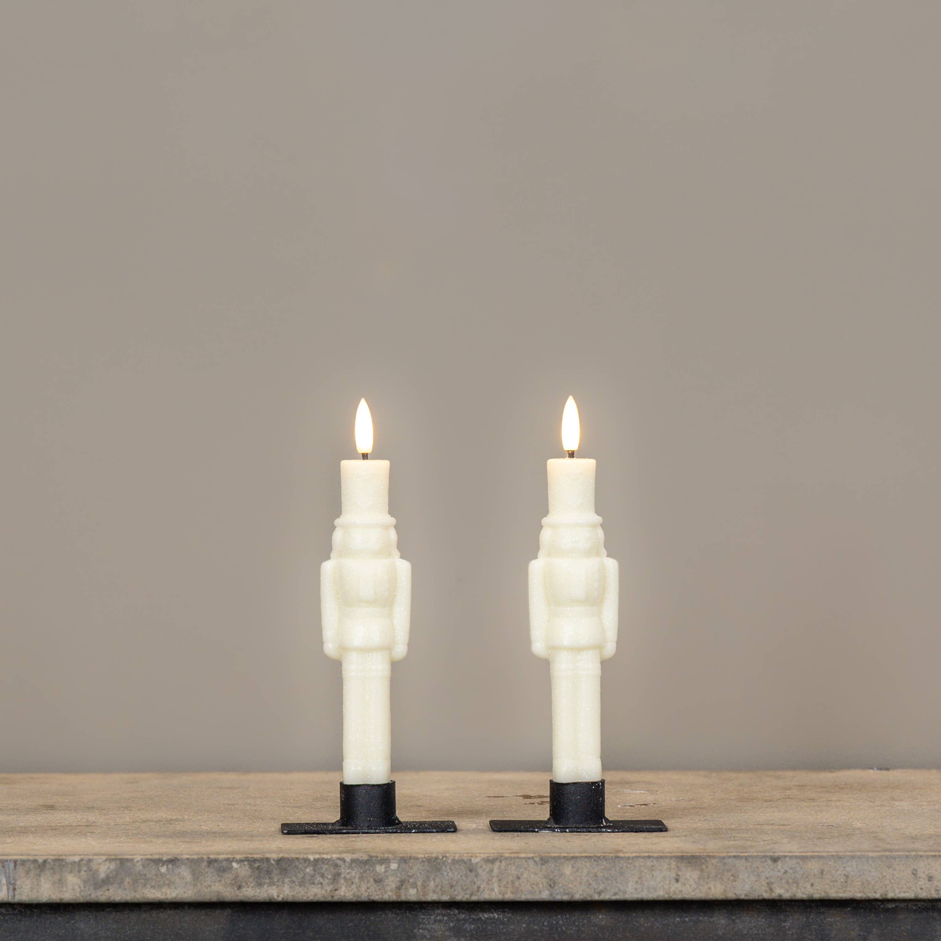 SET/2 - 7.5" 3D FLAME CREAM SHIMMER NUTCRACKER TAPER CANDLES