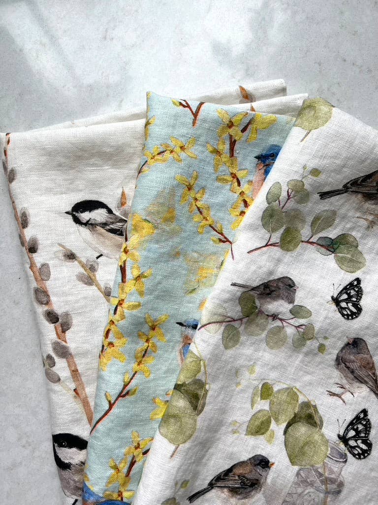 Black Capped Chickadees and Pussy Willows - Linen Tea Towel