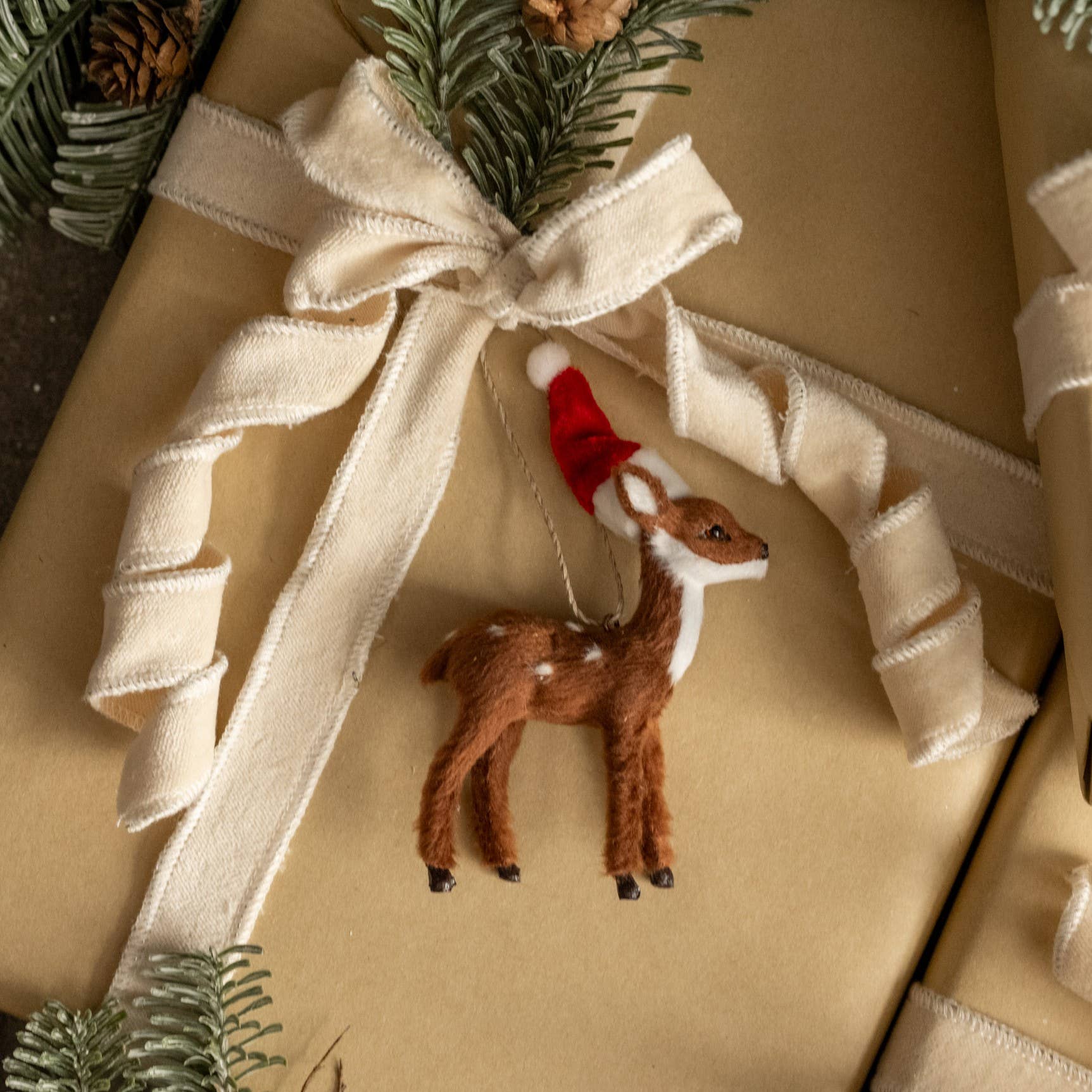 FESTIVE FUR BROWN DEER ORNAMENT