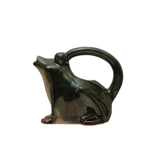 32 oz. Stoneware Frog Watering Pitcher, Reactive Glaze, Green, White & Brown