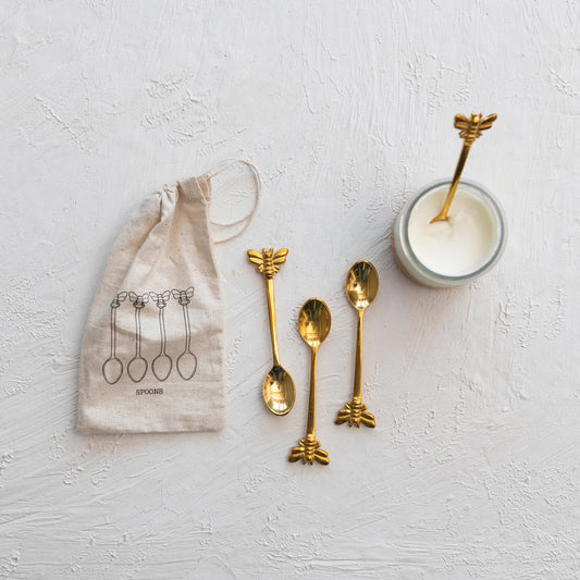 Brass Spoons w/ Bees, Set of 4 in Printed Drawstring Bag