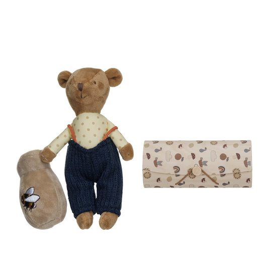 Plush Bear in Overalls w/ Honey Pot in Printed Wood Gift Box, Set of 2