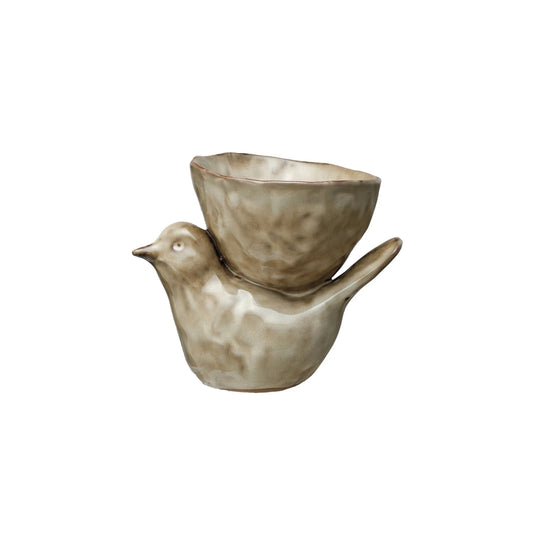 Stoneware Bird w/ Bowl, Cream Color