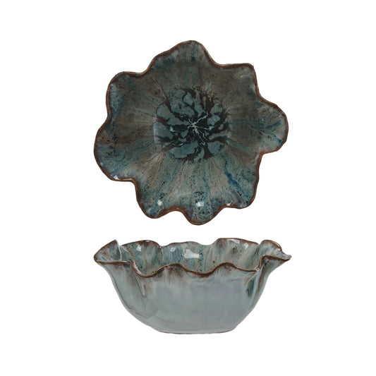 Stoneware Ruffled Bowl, Reactive Glaze (Each One Will Vary)