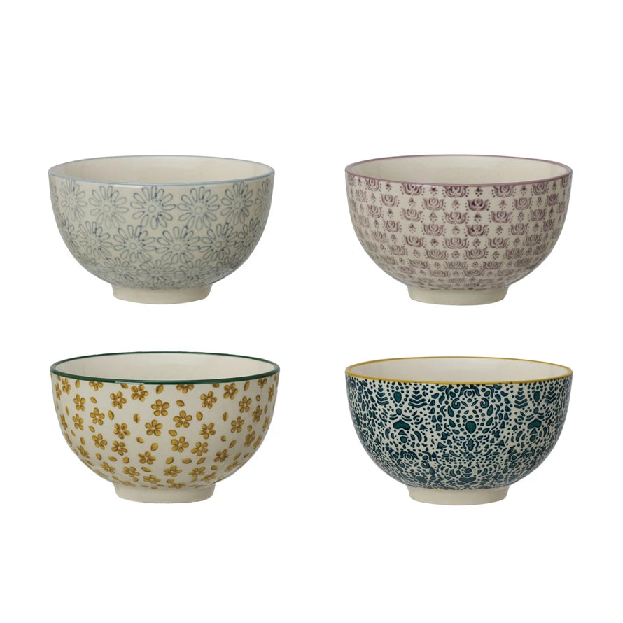 Hand-Stamped Stoneware Bowl w/ Pattern, 4 Styles