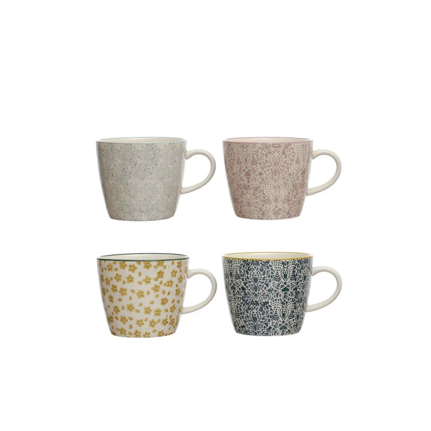 10 oz. Hand-Stamped Stoneware Mug w/ Pattern, 4 Styles