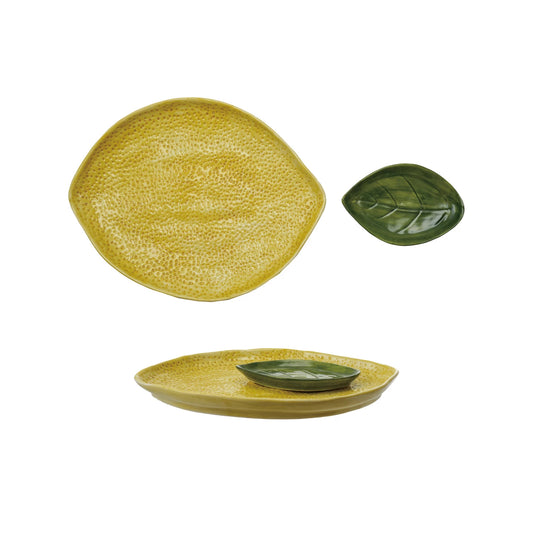 Stoneware Lemon Shaped Platter with Leaf Shaped Dish, Set of 2