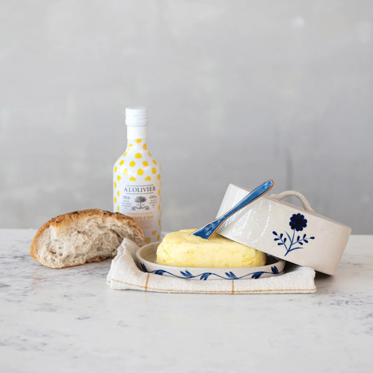 Hand-Painted Stoneware Butter Dish with Flower, Blue & White