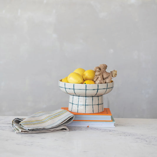 Hand-Painted Stoneware Pedestal Bowl