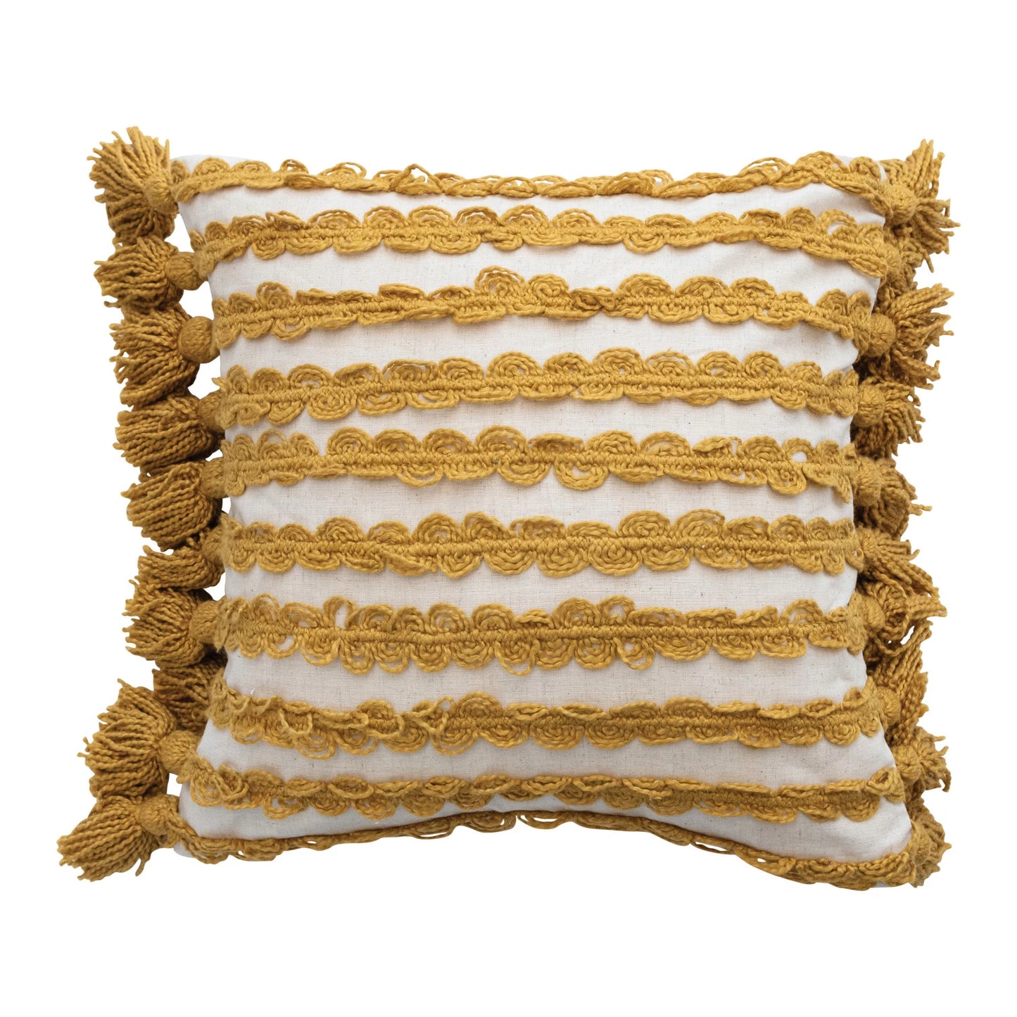 20" Square Woven Cotton Pillow with Ric Rac Stripes & Tassels