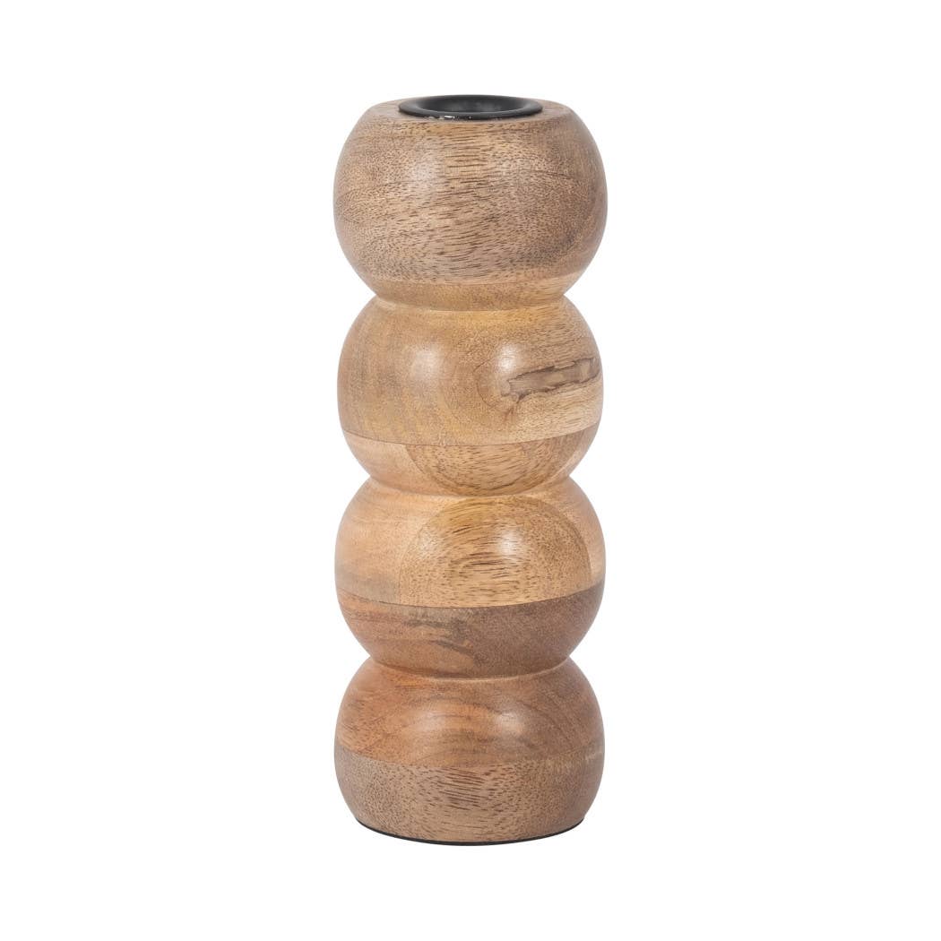 Wood Round Stacked Ribbed Candle Holder - Brown, 7 in.