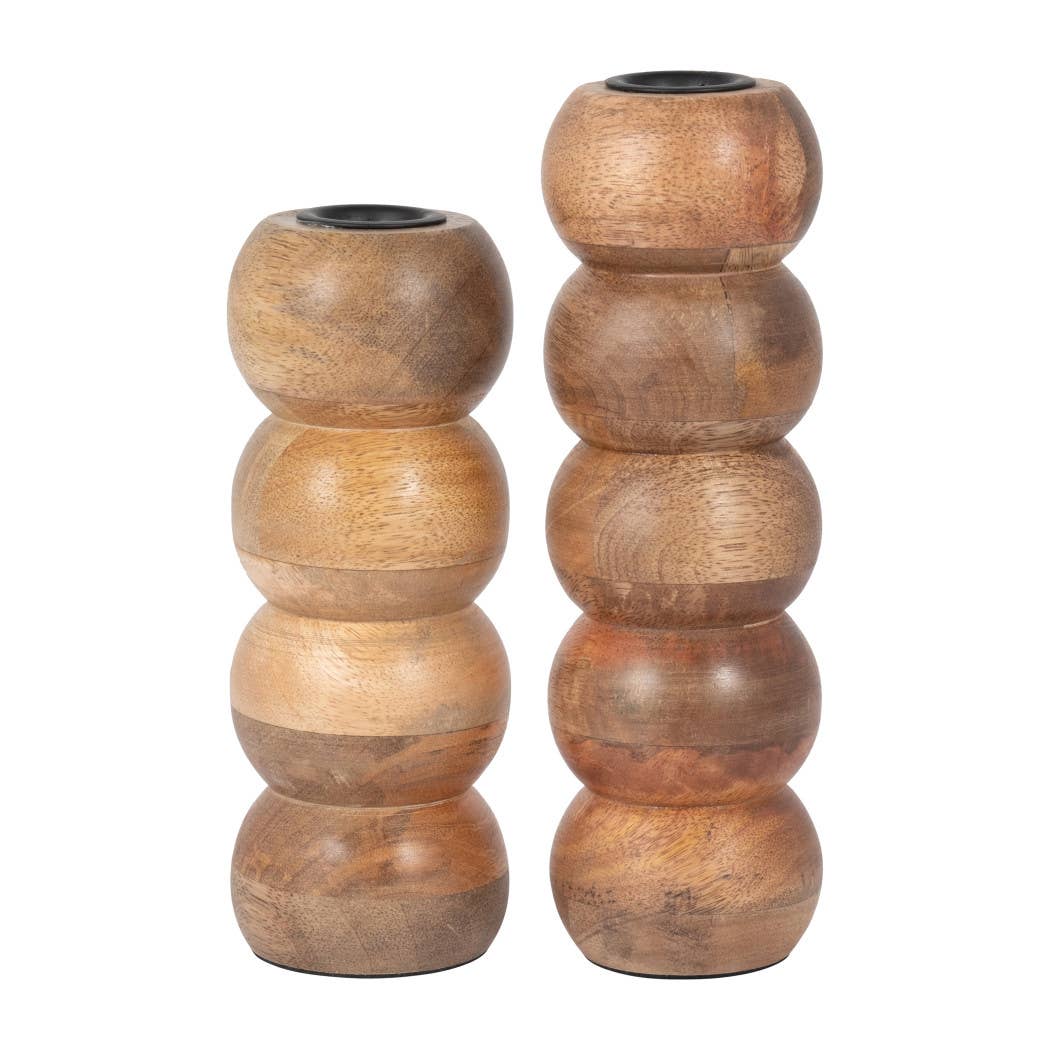 Wood Round Stacked Ribbed Candle Holder - Brown, 7 in.