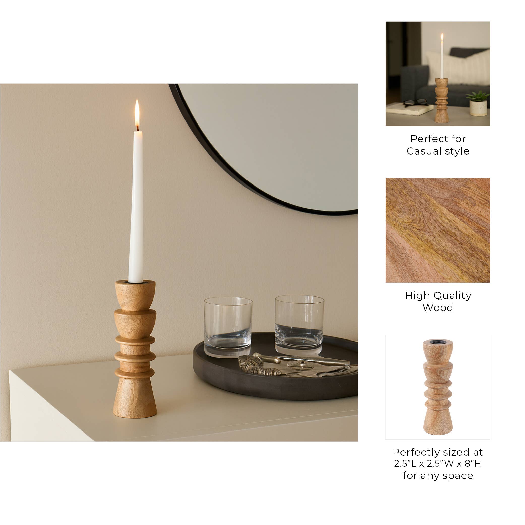 Taper Holder - Tan Wood/Metal Modern Totem Carved, 8 in.