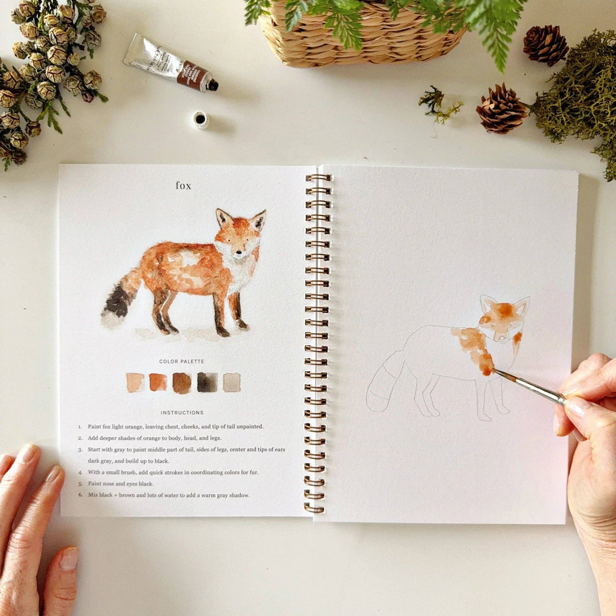Open book with fox illustration and color chart, hand holding paintbrush near drawing