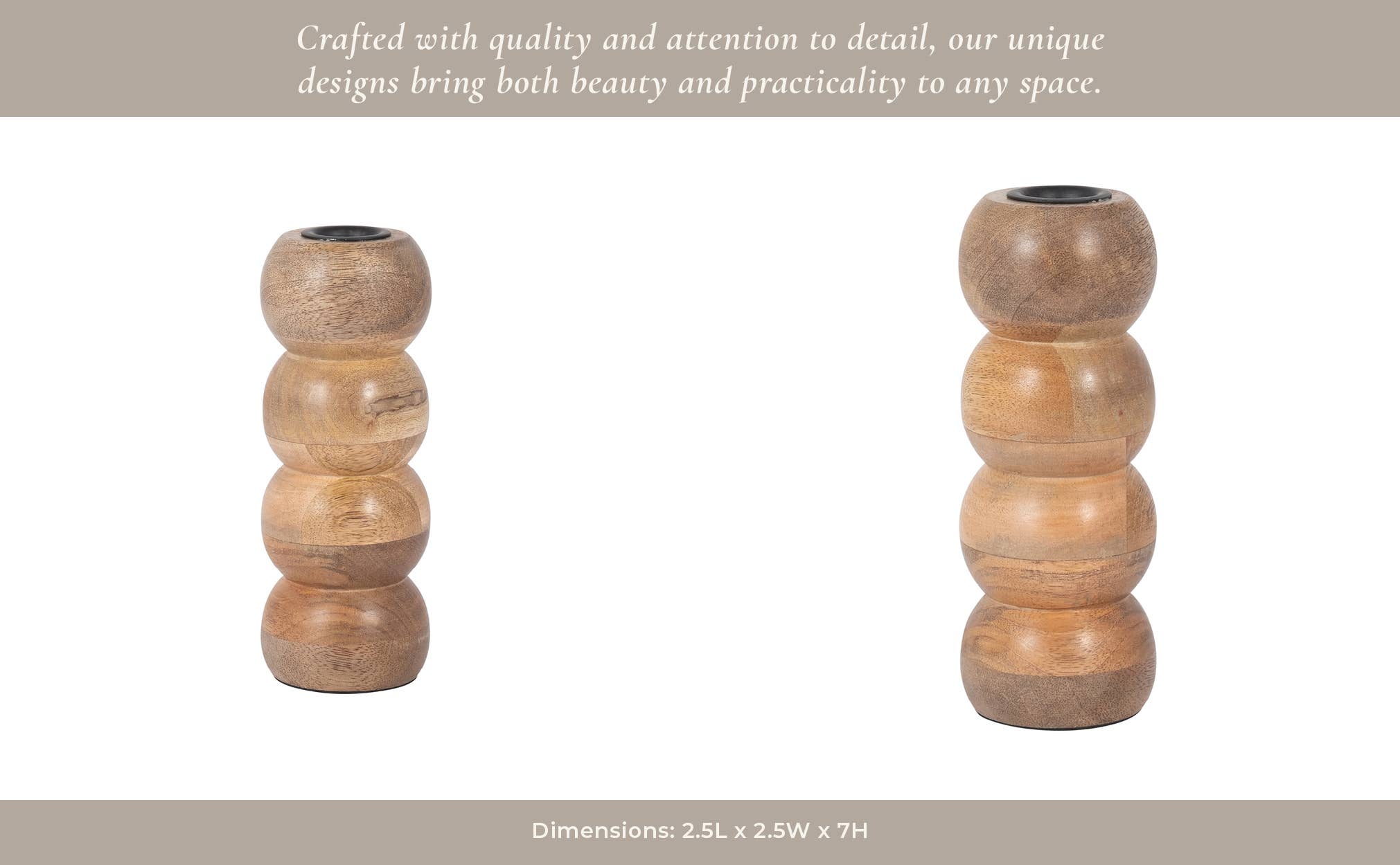 Wood Round Stacked Ribbed Candle Holder - Brown, 7 in.