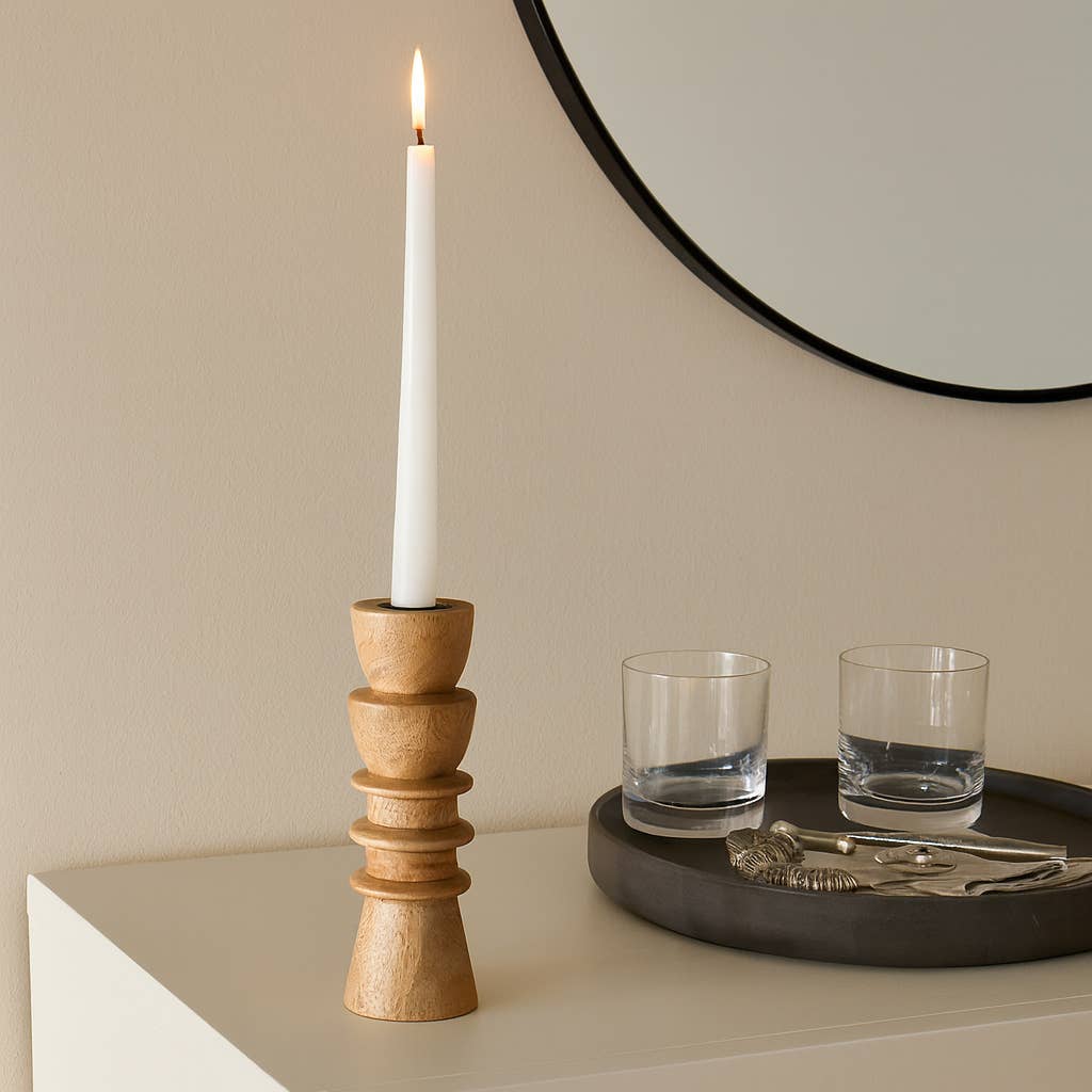 Taper Holder - Tan Wood/Metal Modern Totem Carved, 8 in.