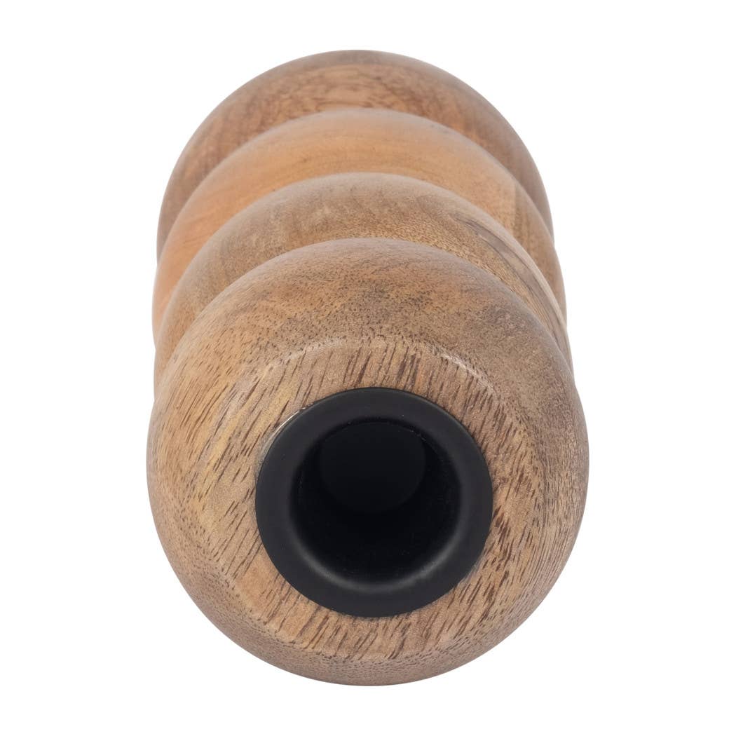Wood Round Stacked Ribbed Candle Holder - Brown, 7 in.