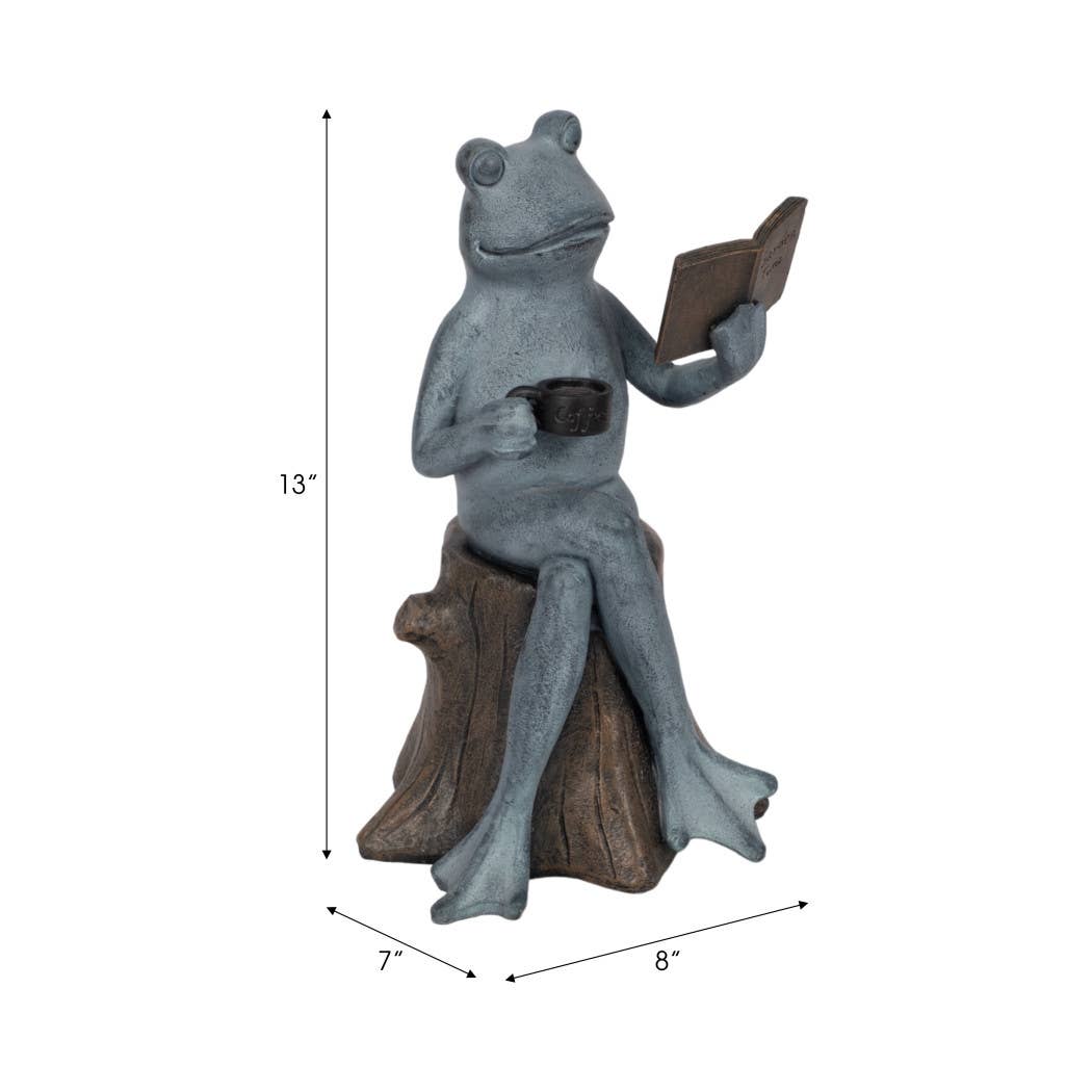 Figurine - Green Resin Frog with Book and Coffee, 13 in.