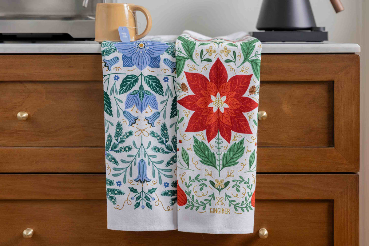 Christmas Poinsettia Tea Towel - Holiday Kitchen Towel