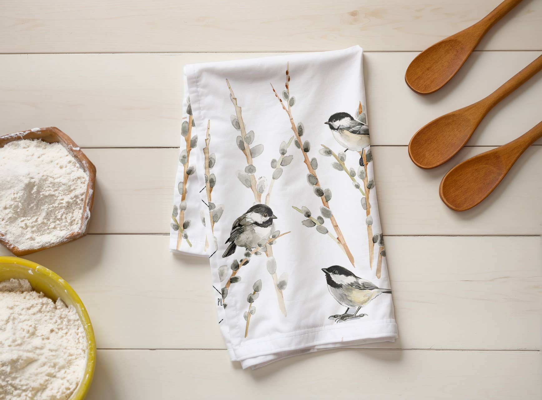 Black Capped Chickadees and Pussy Willows - Linen Tea Towel