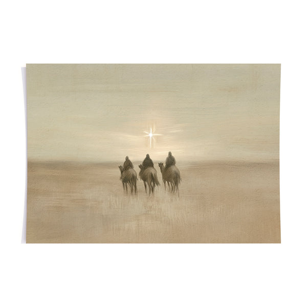 A horizontal art print featuring a hazy desert scene with three wisemen on camels under a bright star, shown against a plain white background.
