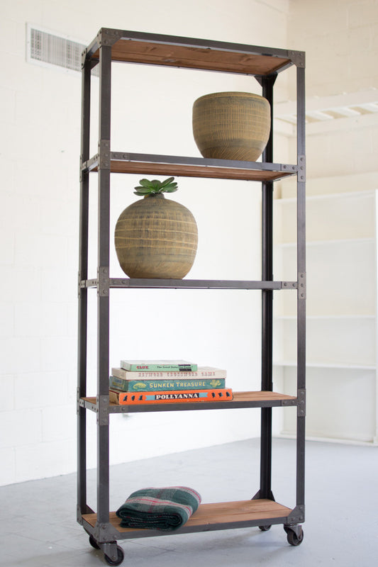 Large iron and recycled wood shelving unit