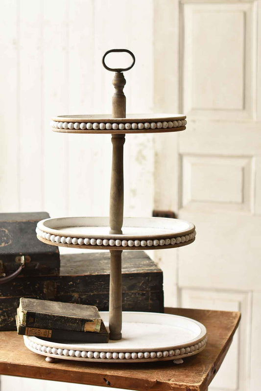 Beaded Tiered Pedestal | White Wash | 17.75"